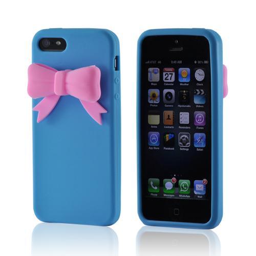 Baby Blue w/ Pink Bow Premium Silicone Case for Apple iPhone 5/5S