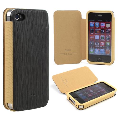 Black/ Tan Iroo Textured Faux Leather Slide-in Case W/ Diary Cover For Apple Iphone 4/4s