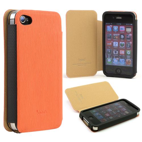 Orange/ Black iRoo Textured Faux Leather Slide-In Case w/ Diary Cover for Apple iPhone 4/4S