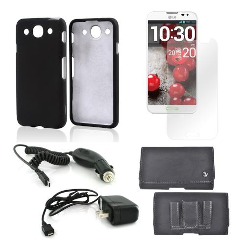 Essential Bundle Package w/ Black Rubberized Hard Case, Screen Protector, Leather Pouch, Car & Travel Charger for LG Optimus G Pro