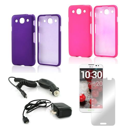 Essential Girly Bundle Package w/ Hot Pink & Purple Rubberized Hard Case, Mirror Screen Protector, Car & Travel Charger for LG Optimus G Pro