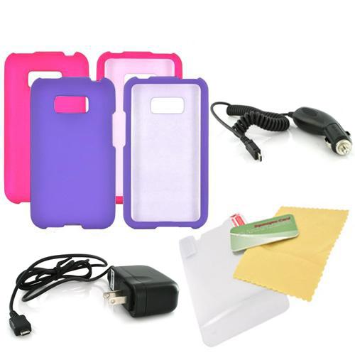 LG Optimus Elite Essential Girly Bundle Package w/ Hot Pink & Purple Rubberized Hard Case, Mirror Screen Protector, Car & Travel Charger