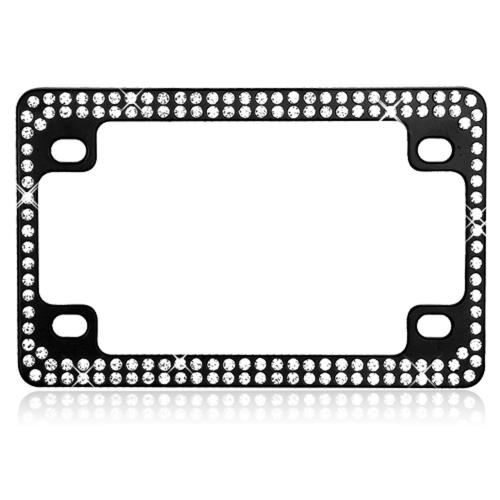 Universal Double Row Black Metal Frame with White Crystals for Motorcycles
