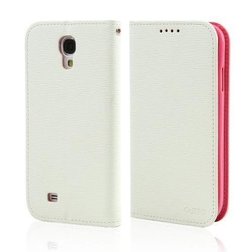 White/ Hot Pink Faux Leather Diary Flip Stand Case w/ ID Slots & Bill Fold for Samsung Galaxy S4