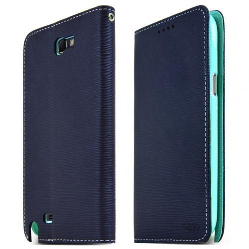 Navy/ Mint Faux Leather Diary Flip Stand Case w/ ID Slots & Bill Fold for Samsung Galaxy Note 2