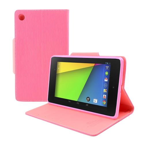 Hot Pink/ Baby Pink Faux Leather Diary Flip Case w/ ID Slots, Bill Fold, & Magnetic Closure for Google Nexus 7 (2013)
