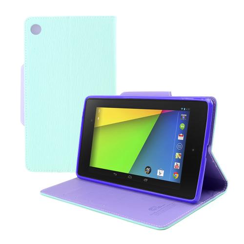 Mint/ Lavender Faux Leather Diary Flip Case w/ ID Slots, Bill Fold, Magnetic Closure & Free Screen Protector for Google Nexus 7 2