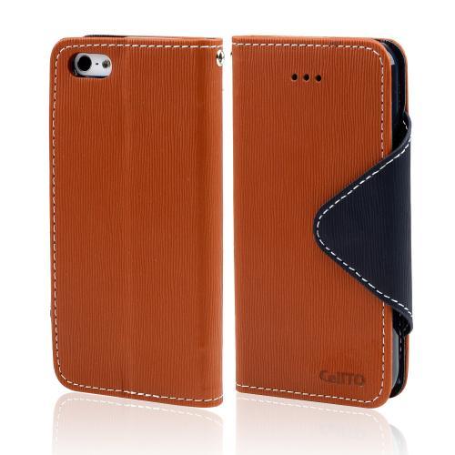 Brown/ Navy Blue Exclusive Faux Leather Diary Flip Case w/ ID Slots & Bill Fold for Apple iPhone 5/5S