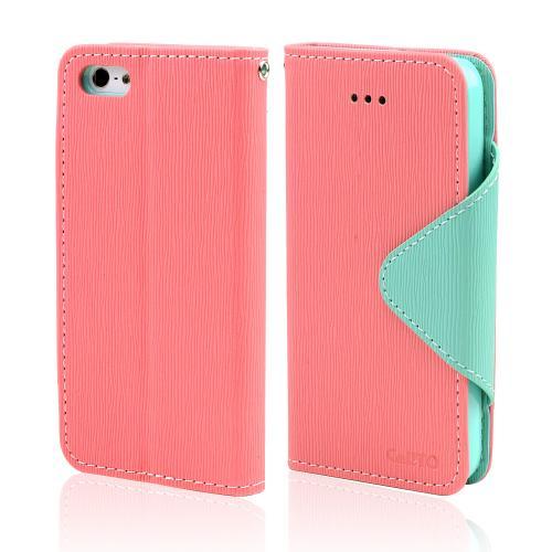 Light Melon/ Mint Faux Leather Diary Flip Case w/ ID Slots & Bill Fold for Apple iPhone 5/5S