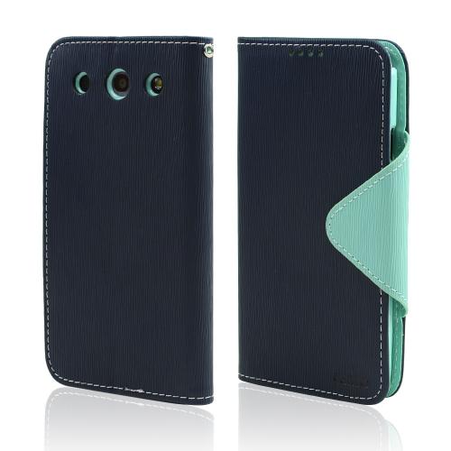Navy Blue/ Mint Faux Leather Diary Flip Case w/ ID Slots, Bill Fold, & Magnetic Closure for LG Optimus G Pro