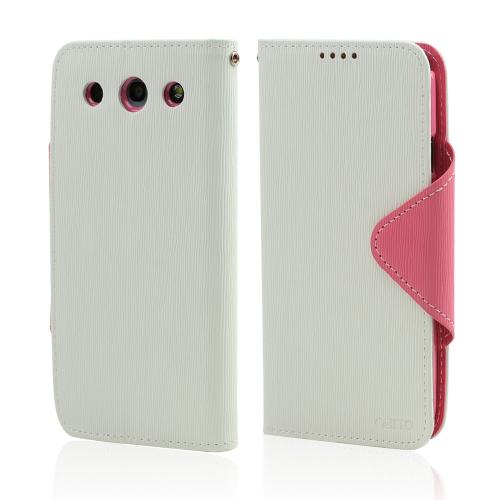 White/ Hot Pink Faux Leather Diary Flip Case w/ ID Slots, Bill Fold, & Magnetic Closure for LG Optimus G Pro