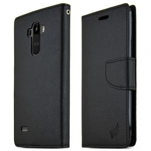 LG G Stylo Wallet Case, Black Saffiano Texture Faux Leather Front Flip Stand Feature Wallet Case