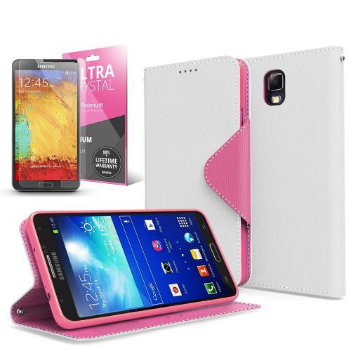 White/ Hot Pink Faux Leather Diary Flip Case w/ ID Slots, Bill Fold, Magnetic Closure & Free Screen Protector for Samsung Galaxy Note 3