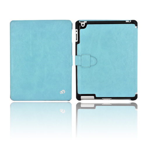 Original Kroo Apple iPad 2/ New iPad Tri-Pad Shell Leather Stand Case w/ Leather Strap Closure - Sky Blue