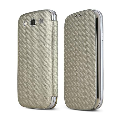 Silver Carbon Fiber Design Samsung Galaxy S3 Textured Diary Flip Battery Door Case