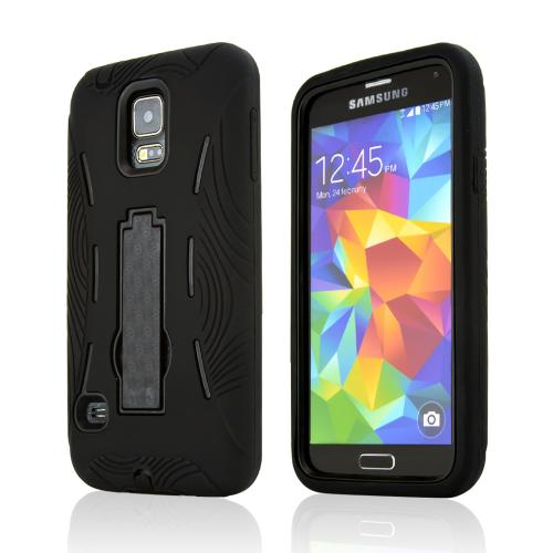 Black Silicone Skin Case on Black Hard Cover Case w/ Kickstand for Samsung Galaxy S5