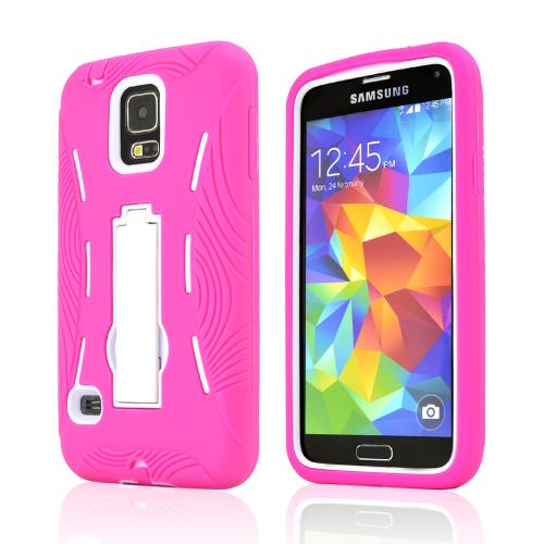 Hot Pink Silicone Skin Case on White Hard Cover Case w/ Kickstand for Samsung Galaxy S5 Hot Pink Silicone Skin Case on White Hard Cover Case w/ Kickstand for Samsung Galaxy S5