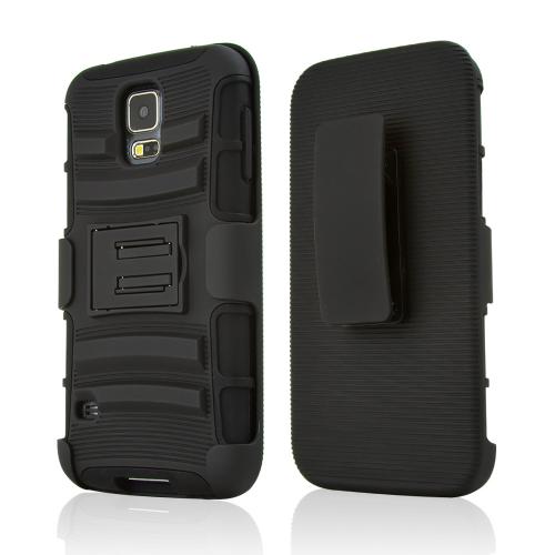Black Rubberized Hard Case w/ Kickstand on Black Silicone Skin Case w/ Holster for Samsung Galaxy S5