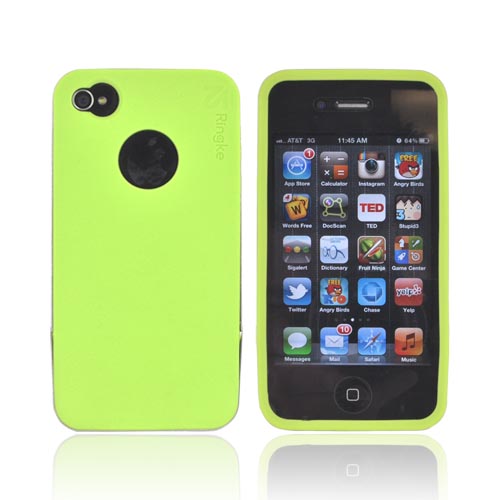 Original Rearth Apple iPhone 4S Ringke Steel Silicone Case w/ Steel Bumper, Lanyard & Screen Protector - Lime Green