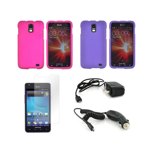 Samsung Galaxy S2 Skyrocket Essential Bundle Package w/ Rose Pink & Purple Rubberized Hard Case, Screen Protector, Car & Travel Charger