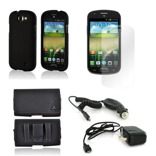 Essential Starter Bundle Package w/ Black Rubberized Hard Case, Screen Protector, Leather Pouch, Car & Travel Charger for Samsung Galaxy Express