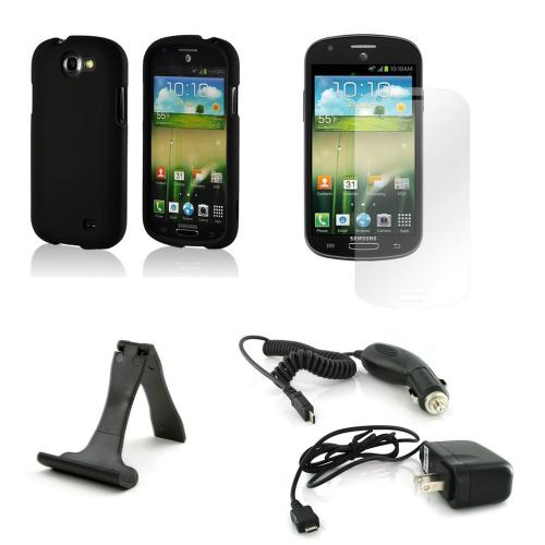 Essential Starter Bundle Package w/ Black Rubberized Hard Case, Screen Protector, Portable Stand, Car & Travel Charger for Samsung Galaxy Express