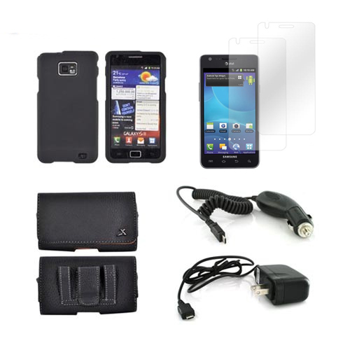 AT&T Samsung Galaxy S2 Essential Bundle Package w/ Black Rubberized Plastic Case, 2 Pack Screen Protector, Leather Pouch, Car & Travel Charger