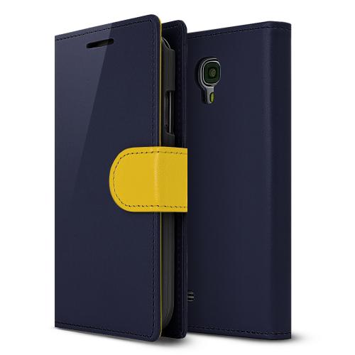 Navy/ Yellow Faux Leather Diary Flip Stand Case w/ ID Slots & Magnetic Closure for Samsung Galaxy S4