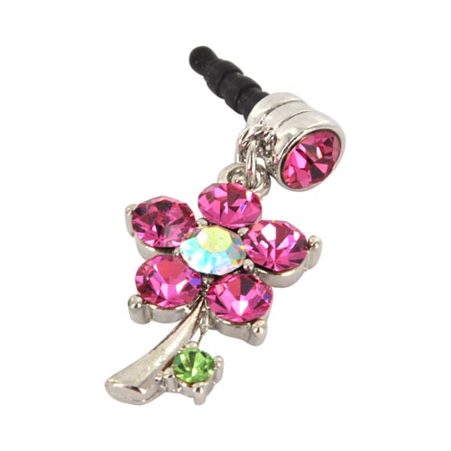 Universal 3.5mm Headphone Jack Stopple Charm - Silver Flower w/ Pink Gems