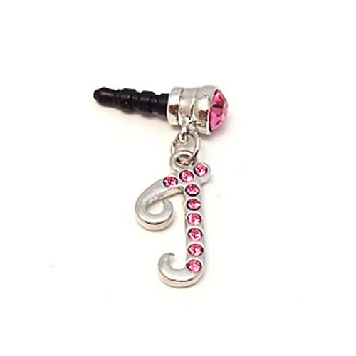 Silver Initial "J" w/ Pink Gems Universal 3.5mm Headphone Jack Stopple Charm