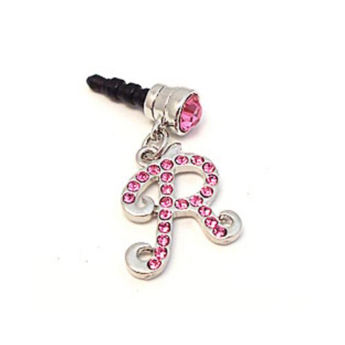Silver Initial "R" w/ Pink Gems 3.5mm Headphone Jack Stopple Charm