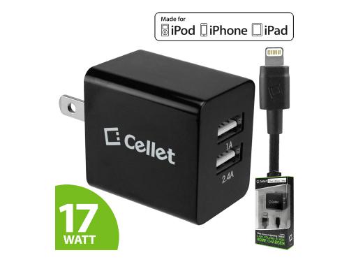 Black 17 Watts (3.4 Amp) Folding Blades 2-Port Lightning Compatible Wall Charger