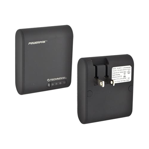 Original Technocel Universal Powerpak Portable Battery (1000 mAh) Home Charger w/ 10 Tips - Black